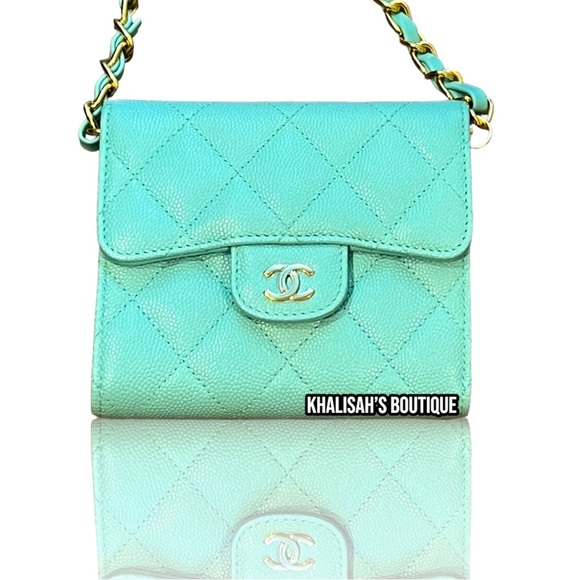 BNIB!! VERY Rare!!! Chanel Wallet LARGE Trifold Tiffany Blue Caviar Belt Bag GHW - Picture 2 of 13